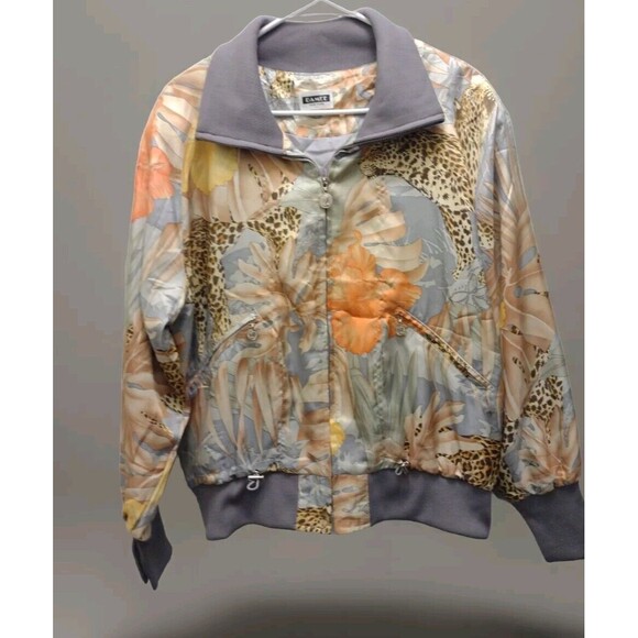 Damee NY Satin Jacket Cheetah Long Sleeve Zip-Up Collared Art To Wear Size M - Picture 1 of 12